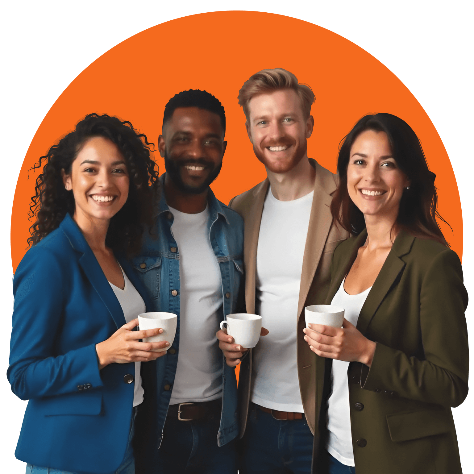 Grupo diverso de profesionales compartiendo un café, practicando habilidades blandas, representando la comunidad y el networking en Kabi