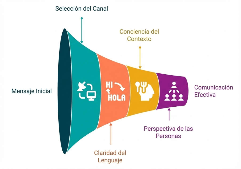 Infografía de embudo que muestra el proceso para lograr una comunicación efectiva: desde la selección del canal y claridad del lenguaje hasta la perspectiva de las personas