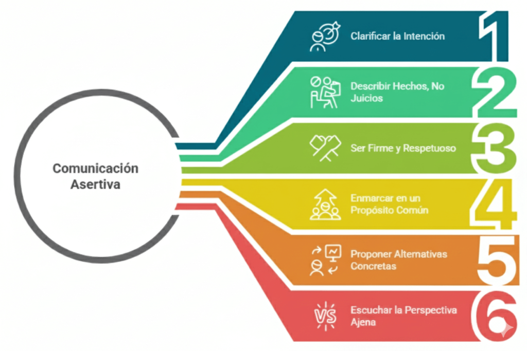 Infografía de los 6 pasos clave para la comunicación asertiva: clarificar intención, describir hechos sin juicios, ser firme y respetuoso, propósito común, proponer alternativas y escuchar la perspectiva ajena.